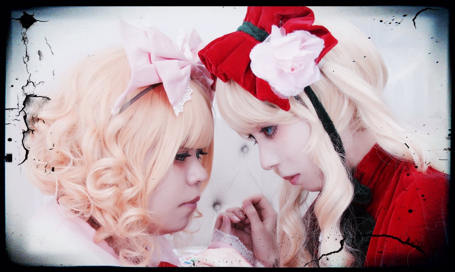 2girls blonde_hair blue_eyes bow eyelashes face flower hair_flower hair_ornament hairband letterboxed lips multiple_cosplay multiple_girls profile realistic tagme