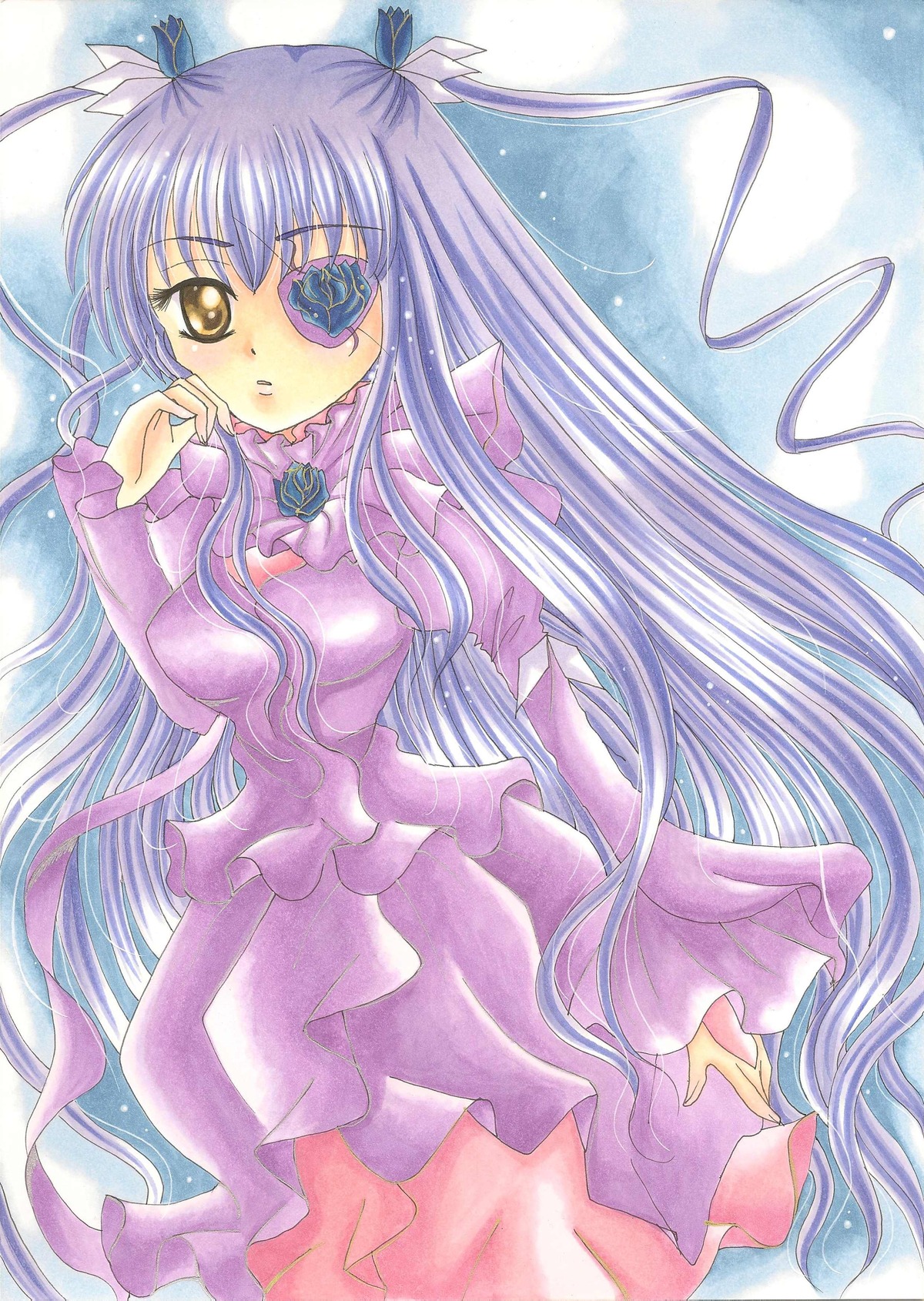 1girl barasuishou brooch colored_pencil_(medium) dress eyepatch frills hair_ribbon image long_hair long_sleeves marker_(medium) pastel_(medium) purple_hair ribbon solo traditional_media very_long_hair watercolor_(medium) yellow_eyes