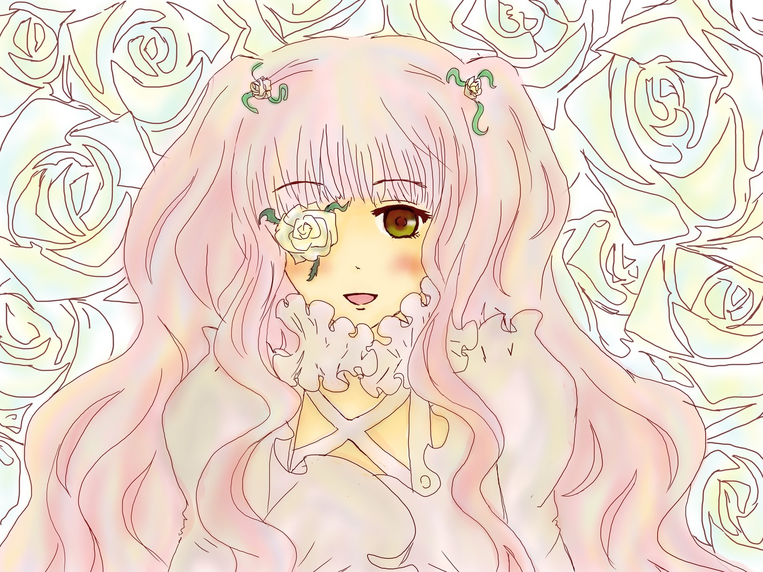 1girl auto_tagged bangs blue_rose dress flower image kirakishou long_hair pink_flower pink_hair pink_rose rose smile solo thorns vines wavy_hair white_flower white_rose yellow_flower yellow_rose