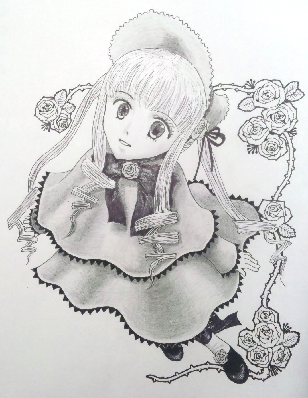 1girl capelet flower greyscale hat image long_hair long_sleeves looking_at_viewer monochrome rose shinku sidelocks smile solo striped twintails white_rose