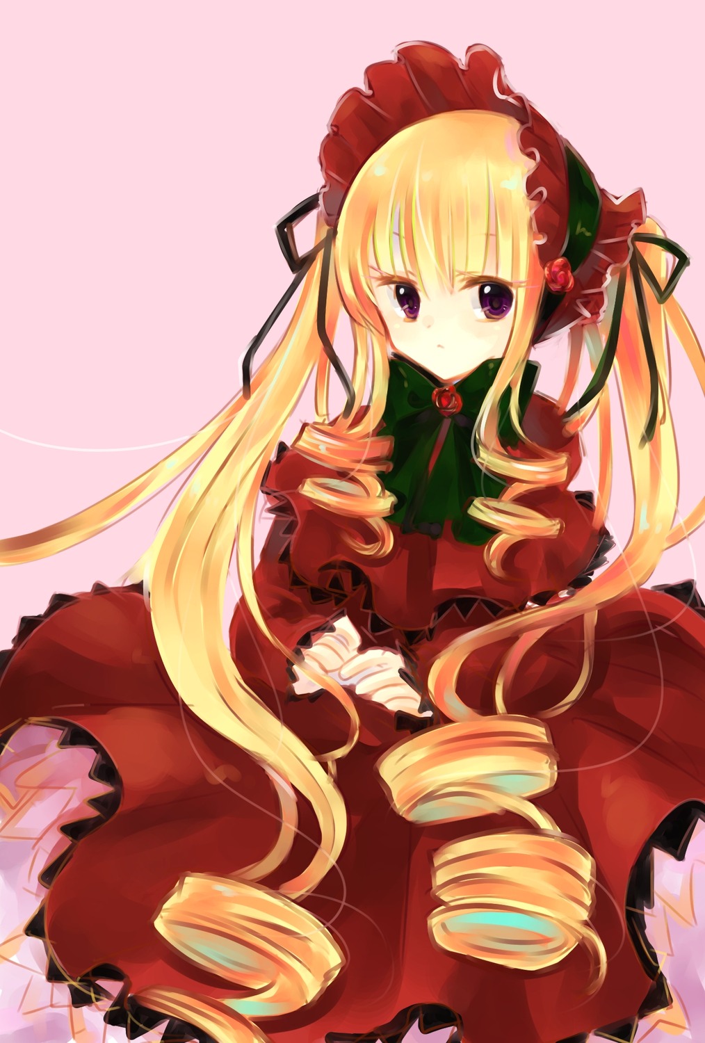 1girl blonde_hair bonnet bow dress drill_hair flower frills hairband image long_hair long_sleeves looking_at_viewer red_dress ribbon rose shinku solo twin_drills twintails