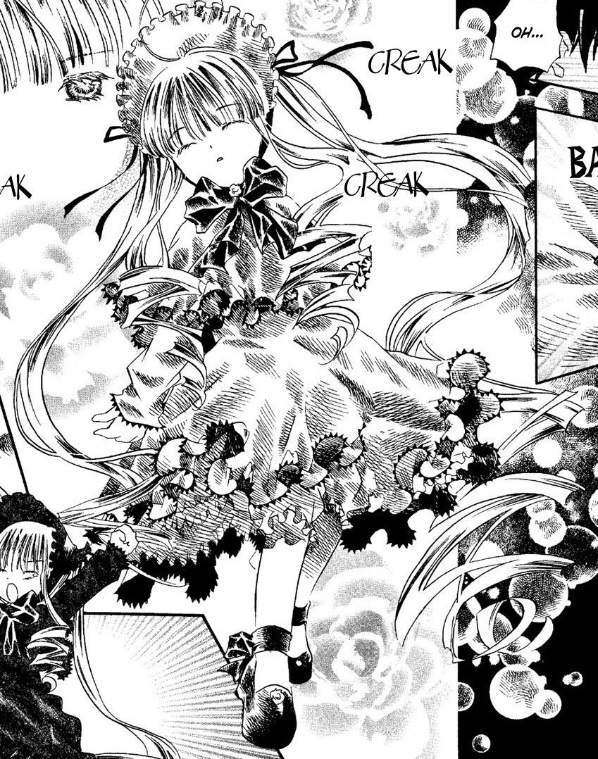 1girl auto_tagged bonnet closed_eyes dress drill_hair greyscale image long_hair long_sleeves monochrome shinku solo standing suigintou twintails very_long_hair