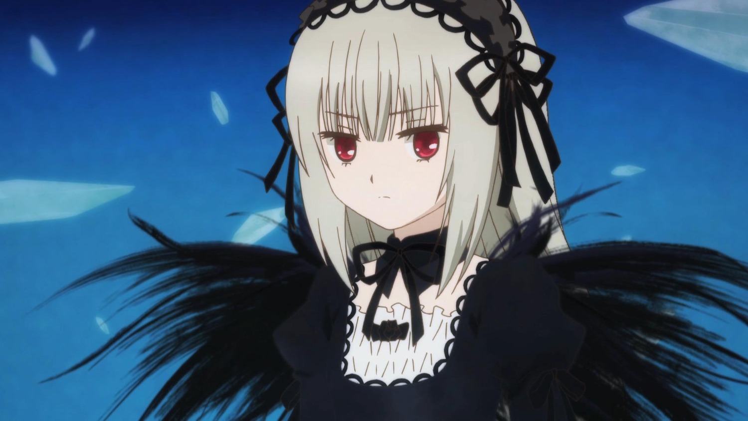 1girl black_dress black_ribbon black_wings detached_collar dress expressionless feathers flower frills hairband image long_hair long_sleeves looking_at_viewer puffy_sleeves red_eyes ribbon rose silver_hair sky solo suigintou upper_body wings