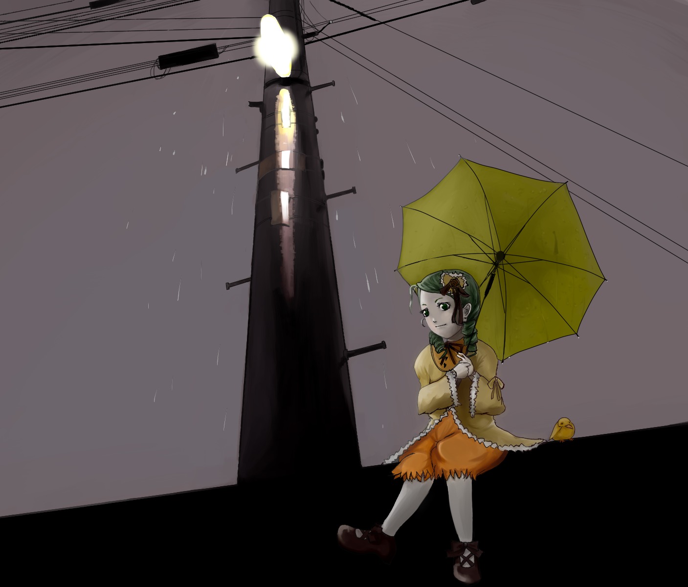 1girl green_eyes holding_umbrella image kanaria pantyhose parasol power_lines rain red_umbrella solo umbrella