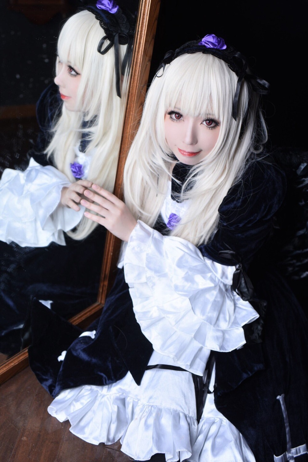 2girls bangs closed_mouth dress flower frills gothic_lolita hairband lips lolita_fashion long_hair long_sleeves looking_at_viewer multiple_girls red_eyes smile solo suigintou white_hair