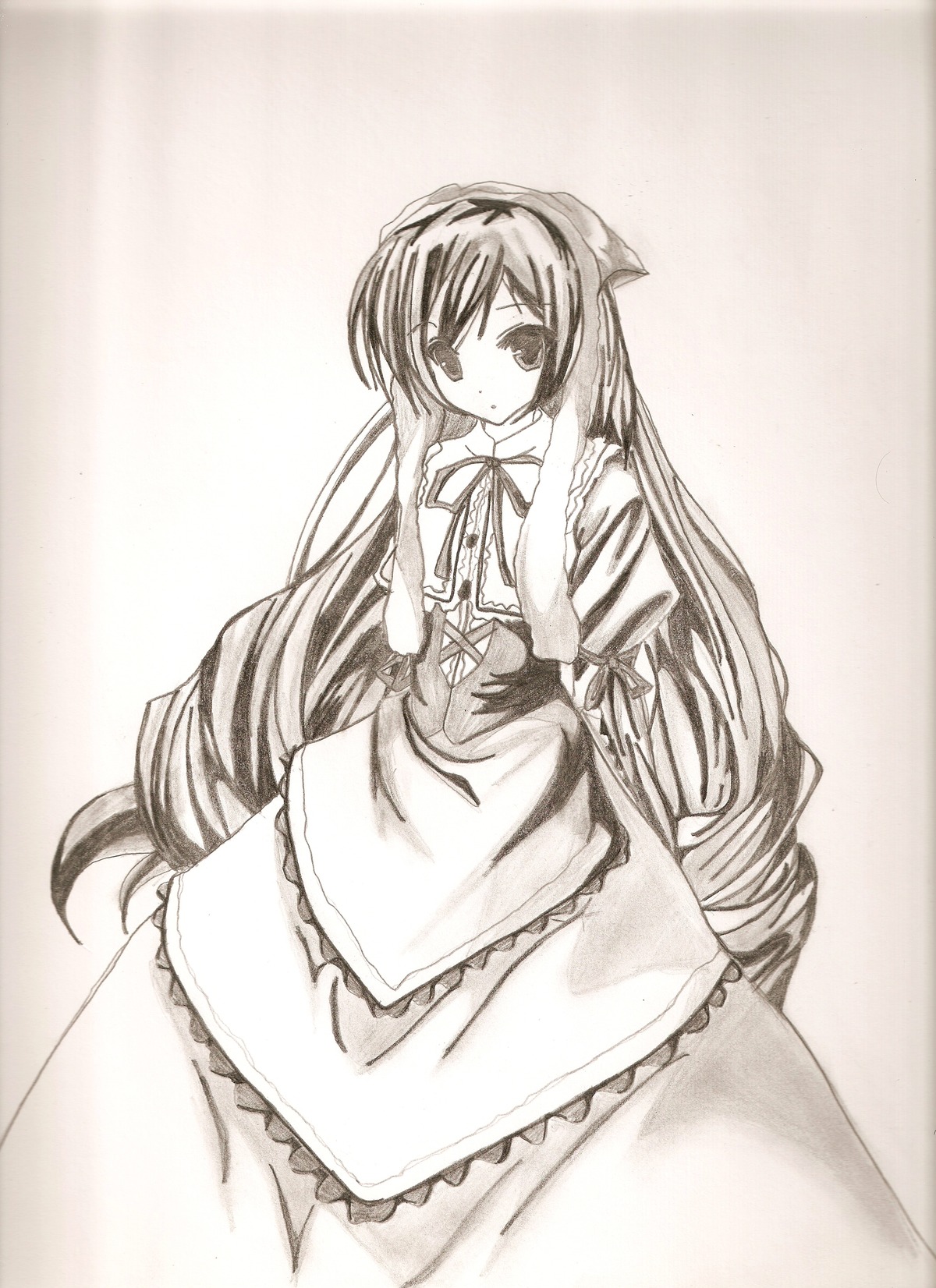 1girl apron dress frills image long_hair looking_at_viewer monochrome puffy_short_sleeves puffy_sleeves ribbon short_sleeves simple_background solo striped suiseiseki vertical_stripes very_long_hair waist_apron