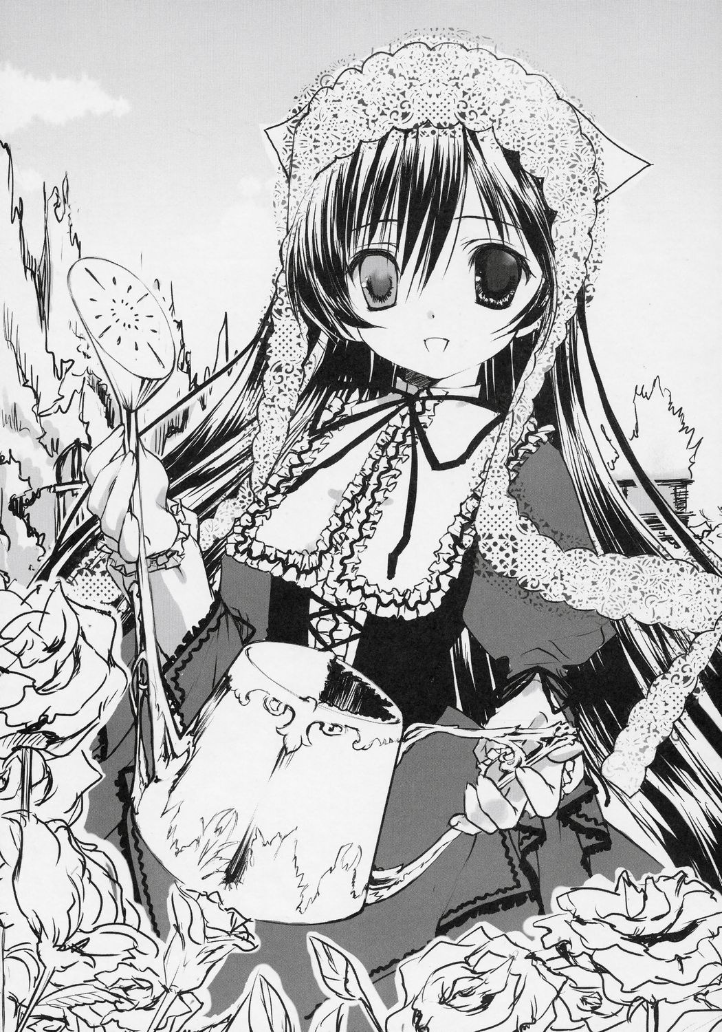 1girl :d blush dress flower frills greyscale image lolita_fashion long_hair long_sleeves looking_at_viewer monochrome open_mouth rose smile solo suiseiseki very_long_hair