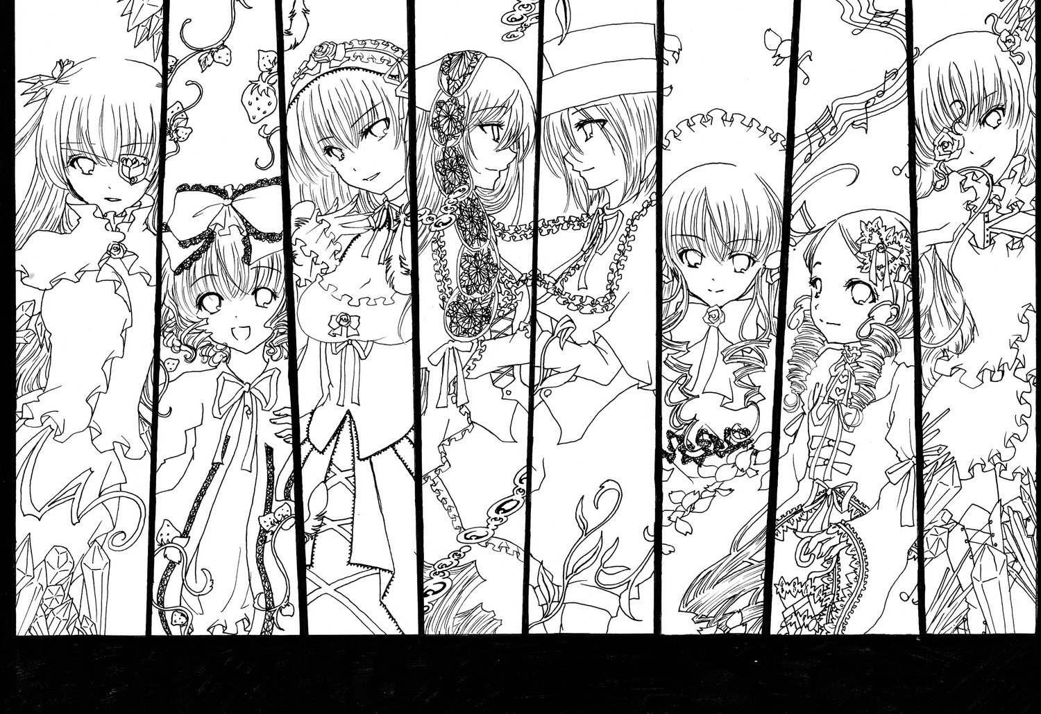 6+girls chain hairband hat image long_hair looking_at_viewer monochrome multiple multiple_girls short_hair smile suigintou tagme