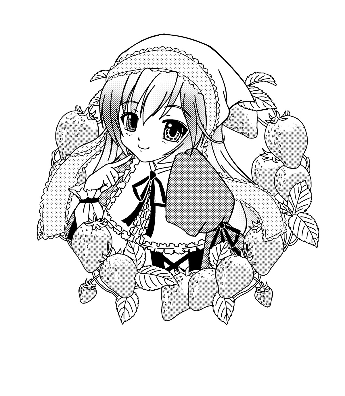 1girl food frills fruit greyscale head_scarf image long_hair long_sleeves looking_at_viewer monochrome ribbon simple_background smile solo strawberry suiseiseki upper_body white_background