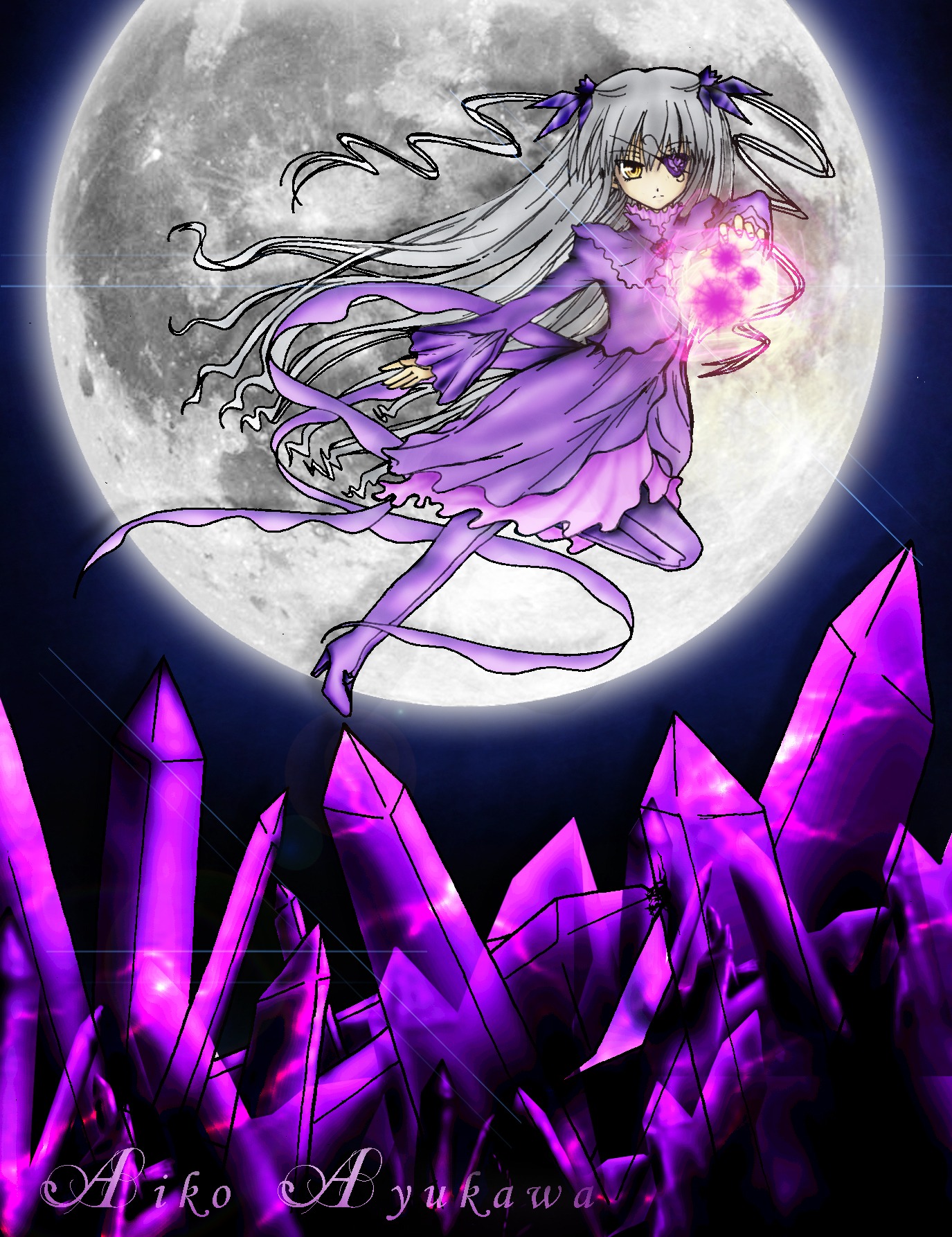 1girl barasuishou dress full_moon hair_ribbon image long_hair moon moonlight night red_moon ribbon sky solo very_long_hair yellow_eyes