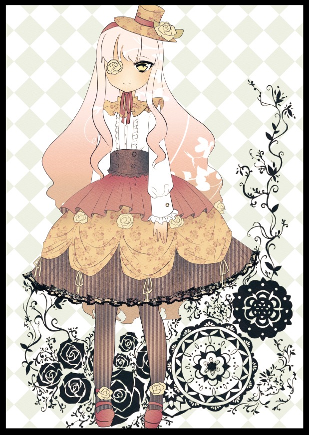 1girl argyle argyle_background argyle_legwear checkered checkered_background checkered_floor dress eyepatch flower hat image kirakishou letterboxed long_hair mini_hat mini_top_hat pantyhose pillarboxed pink_hair rose solo striped striped_legwear top_hat vertical-striped_legwear vertical_stripes white_hair yellow_eyes