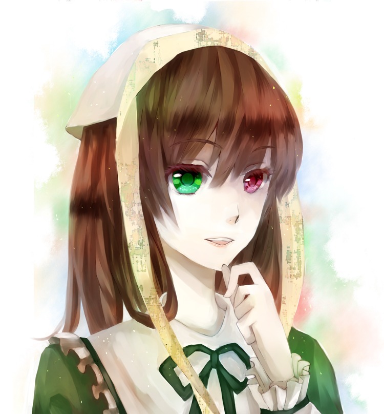 1girl bangs black_ribbon brown_hair dress frills green_dress green_eyes green_ribbon head_scarf heterochromia image long_hair long_sleeves looking_at_viewer open_mouth red_eyes ribbon solo striped_background suiseiseki