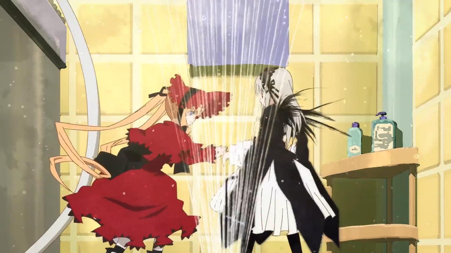 1boy 1girl auto_tagged black_hair curtains dress image indoors long_hair long_sleeves pair shinku standing suigintou twintails very_long_hair