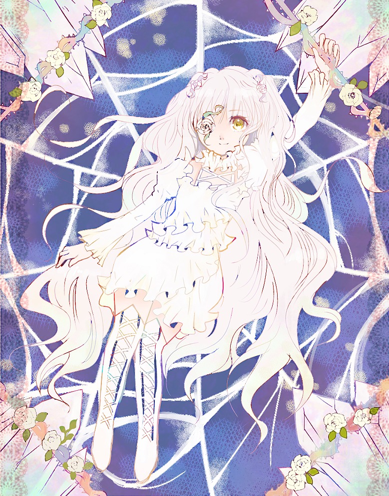 1girl boots bunny dress flower image kirakishou knee_boots long_hair smile solo ultimate_madoka very_long_hair white_dress white_flower white_footwear white_hair white_rose yellow_eyes