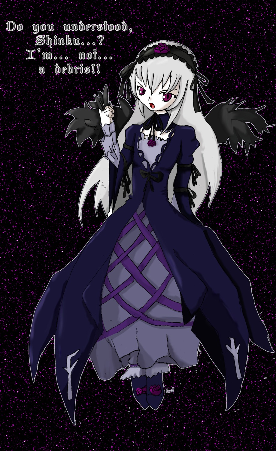 1girl black_wings dress flower frills full_body hairband image long_hair long_sleeves pink_eyes rose silver_hair solo suigintou tongue tongue_out wings