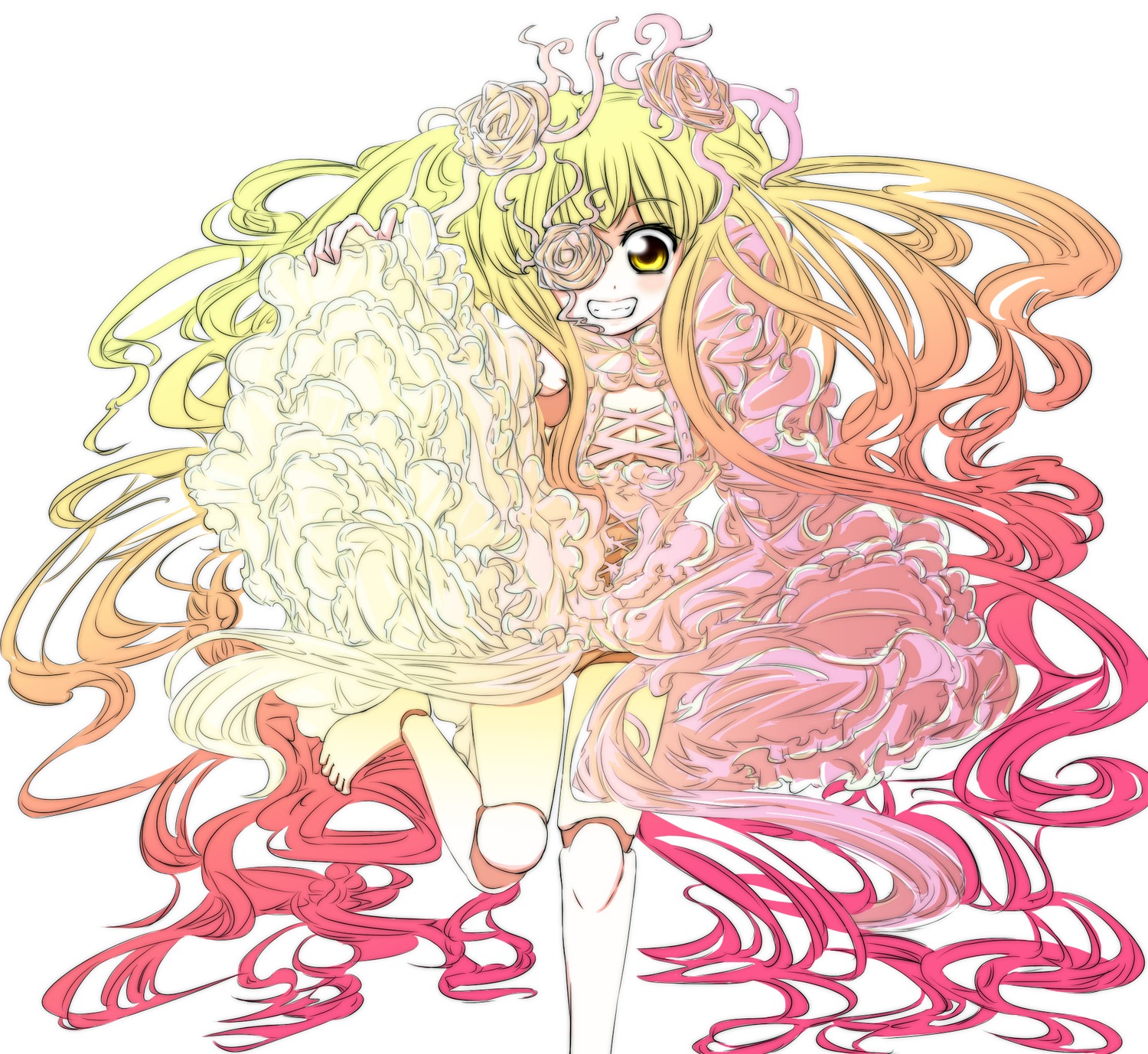 1girl absurdly_long_hair barefoot blonde_hair doll_joints dress eyepatch flower frills grin hair_flower hair_ornament image kirakishou long_hair rose smile solo very_long_hair yellow_eyes