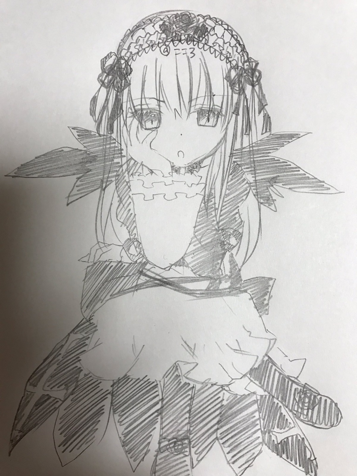 1girl bangs blush boots dress eyebrows_visible_through_hair frills greyscale hair_between_eyes hairband image long_hair long_sleeves looking_at_viewer monochrome parted_lips sitting solo suigintou traditional_media very_long_hair