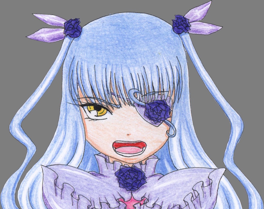 1girl bangs barasuishou blue_flower blue_rose eyepatch flower frills hair_ornament image long_hair open_mouth portrait rose solo transparent_background two_side_up yellow_eyes