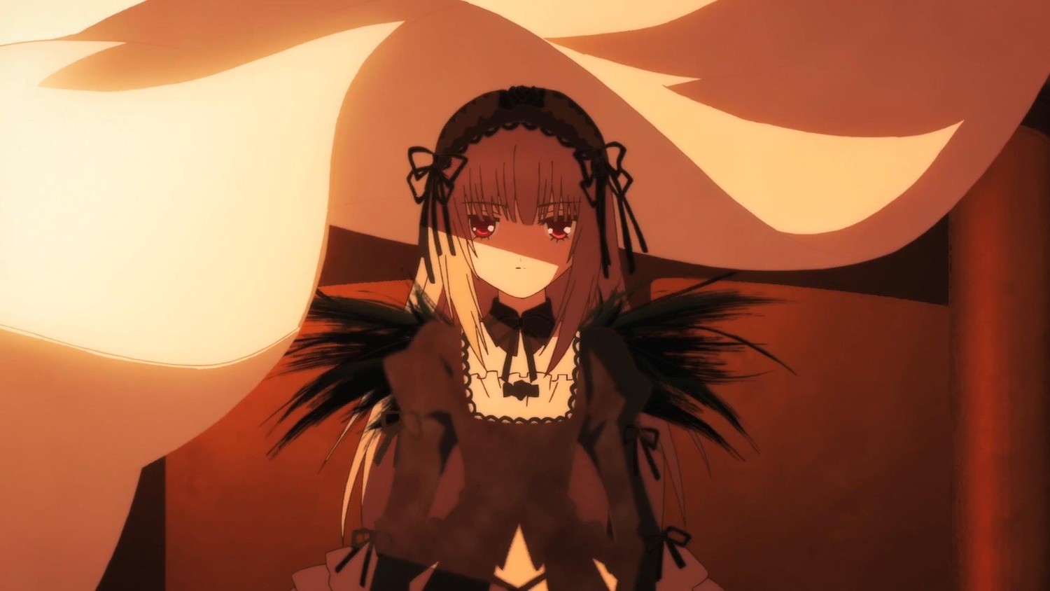 1girl bangs black_dress black_ribbon black_wings chair closed_mouth dress eyebrows_visible_through_hair feathered_wings frills hairband image juliet_sleeves long_hair long_sleeves looking_at_viewer puffy_sleeves ribbon solo suigintou wings