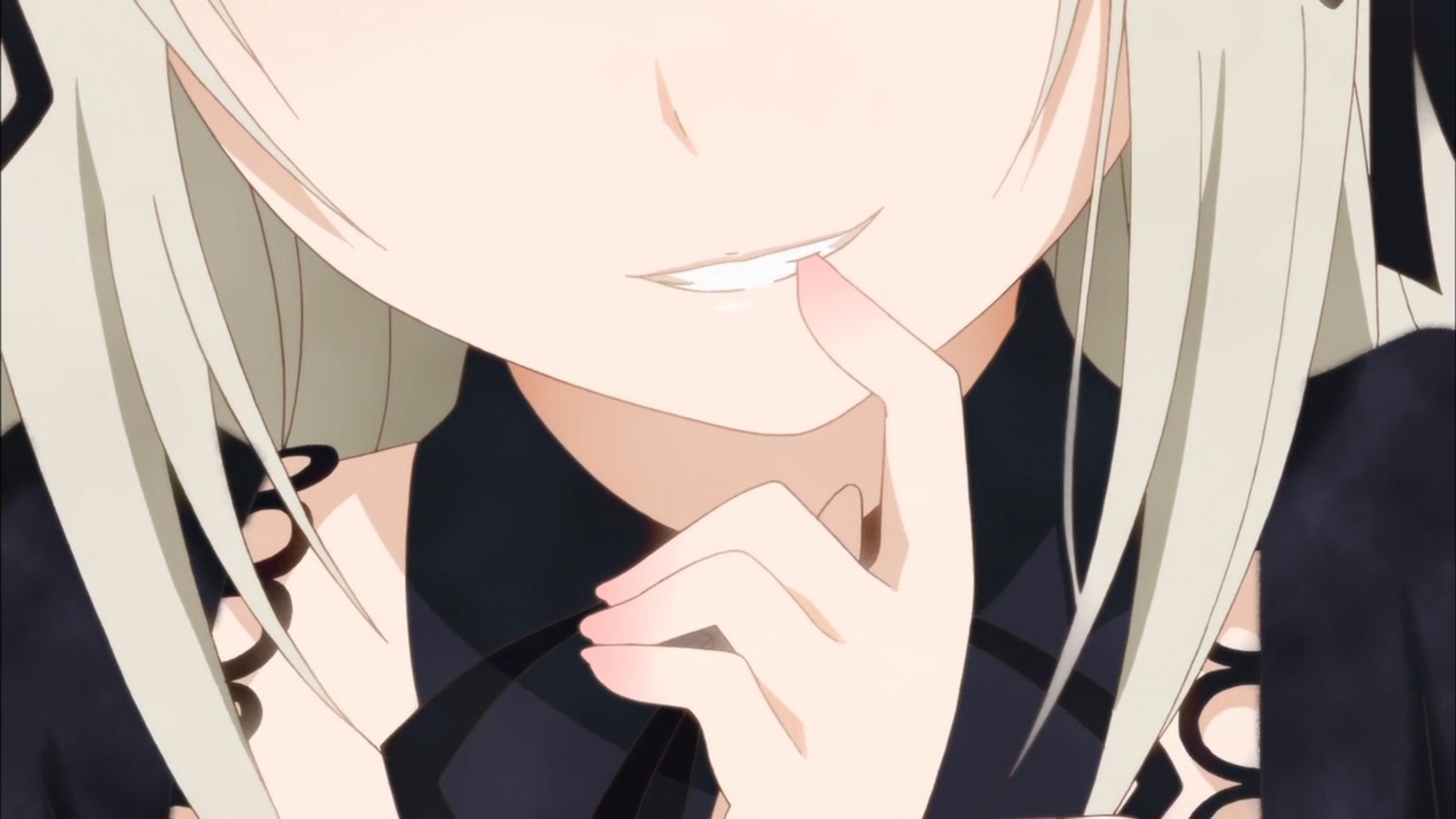 1girl blush close-up face finger_to_mouth grin head_out_of_frame image long_hair silver_hair simple_background smile solo suigintou