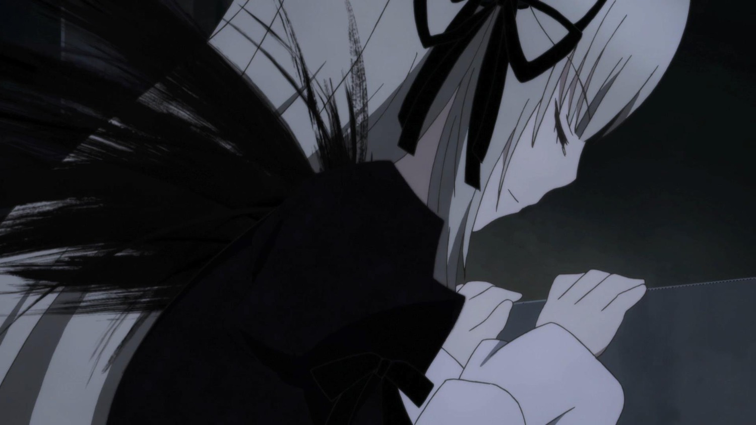 1girl black_ribbon closed_eyes closed_mouth dress from_side hair_ribbon image long_hair long_sleeves monochrome profile ribbon solo suigintou upper_body