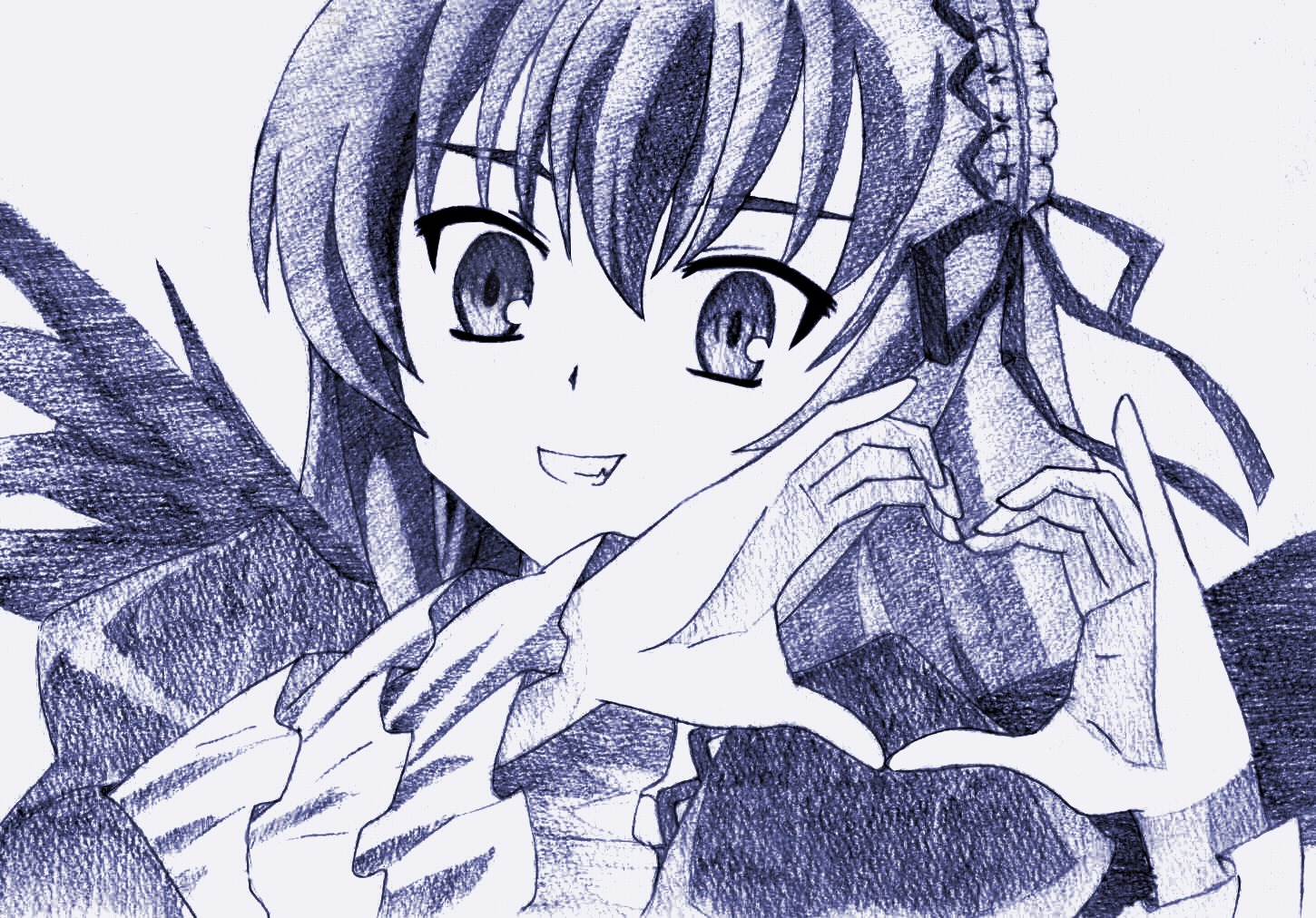 1girl blush hair_ornament hair_ribbon image long_hair looking_at_viewer monochrome ribbon smile solo suigintou traditional_media