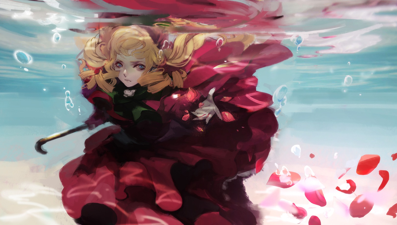 1girl air_bubble blonde_hair blue_eyes bubble dress fish hair_ornament image long_hair long_sleeves shinku solo submerged twintails underwater water