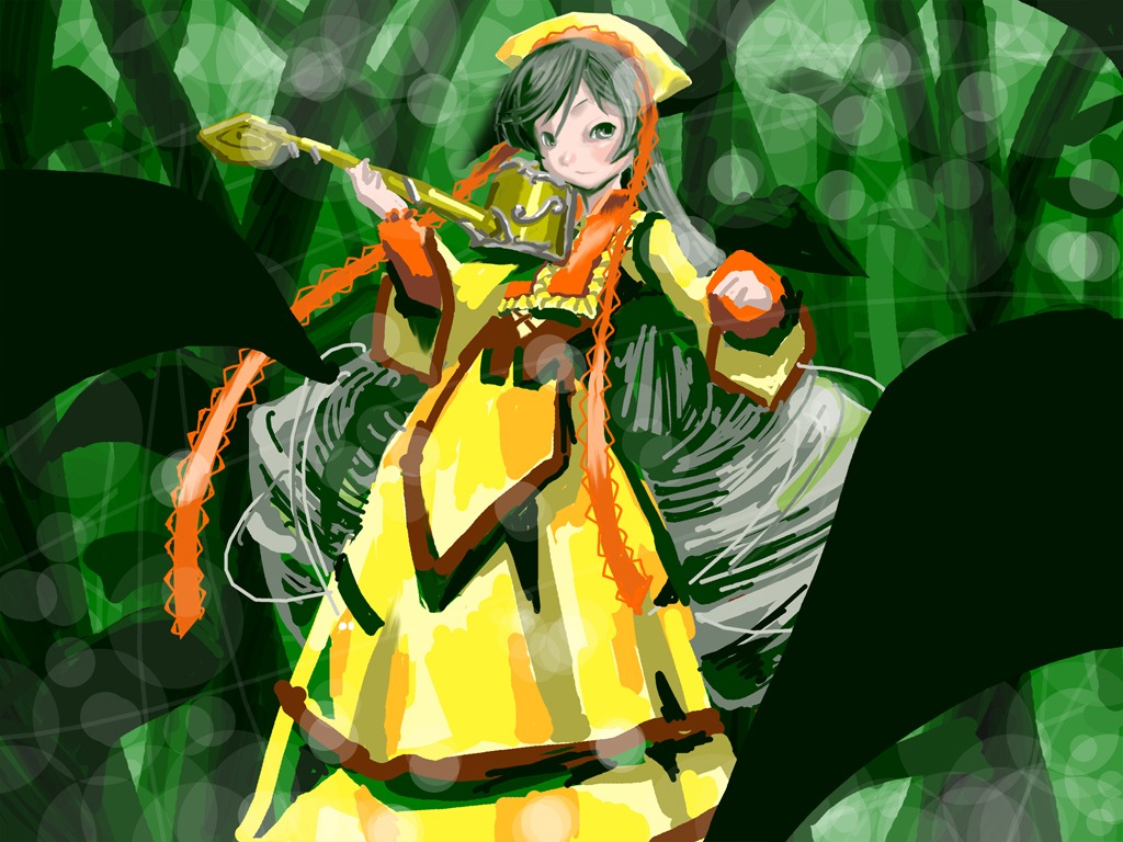 1girl auto_tagged braid costume_switch dress full_body green_eyes green_hair holding holding_weapon image long_hair long_sleeves one_eye_closed orange_dress solo standing twin_braids wide_sleeves