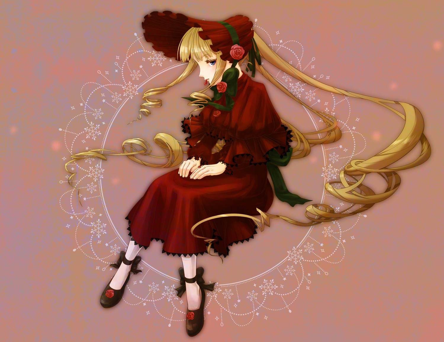 1girl black_footwear blonde_hair blue_eyes bonnet bow capelet dress drill_hair flower full_body image long_hair long_sleeves red_capelet red_dress rose shinku shoes sitting solo twin_drills twintails very_long_hair