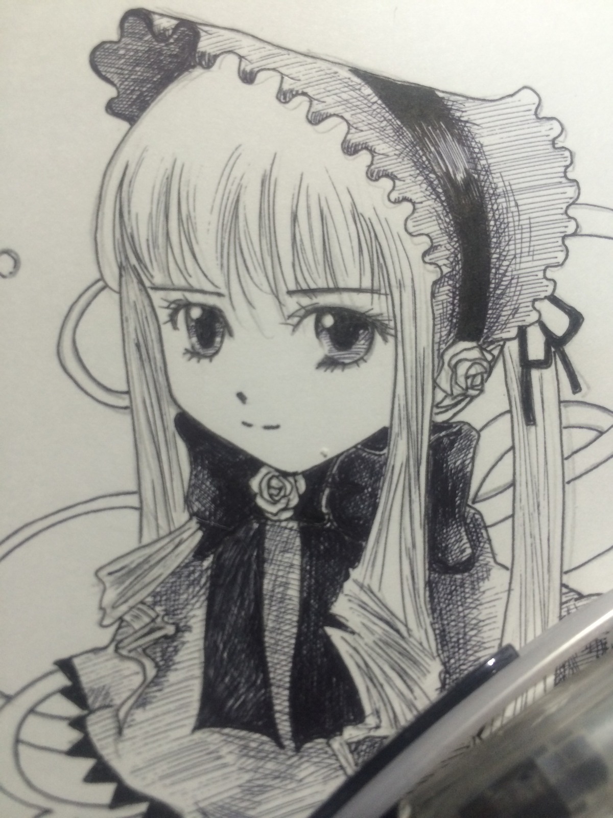 1girl flower hairband image long_hair long_sleeves looking_at_viewer monochrome photo rose shinku simple_background solo suigintou traditional_media upper_body