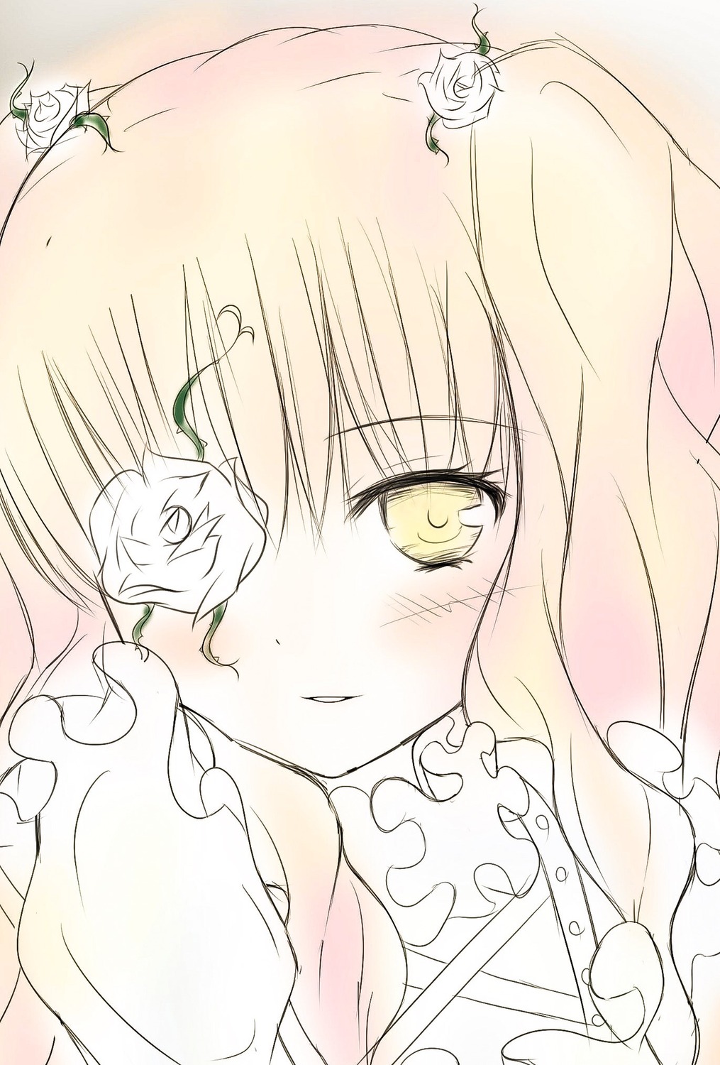 1girl blush flower image kirakishou long_hair looking_at_viewer pink_rose rose solo thorns white_flower white_rose yellow_eyes yellow_rose