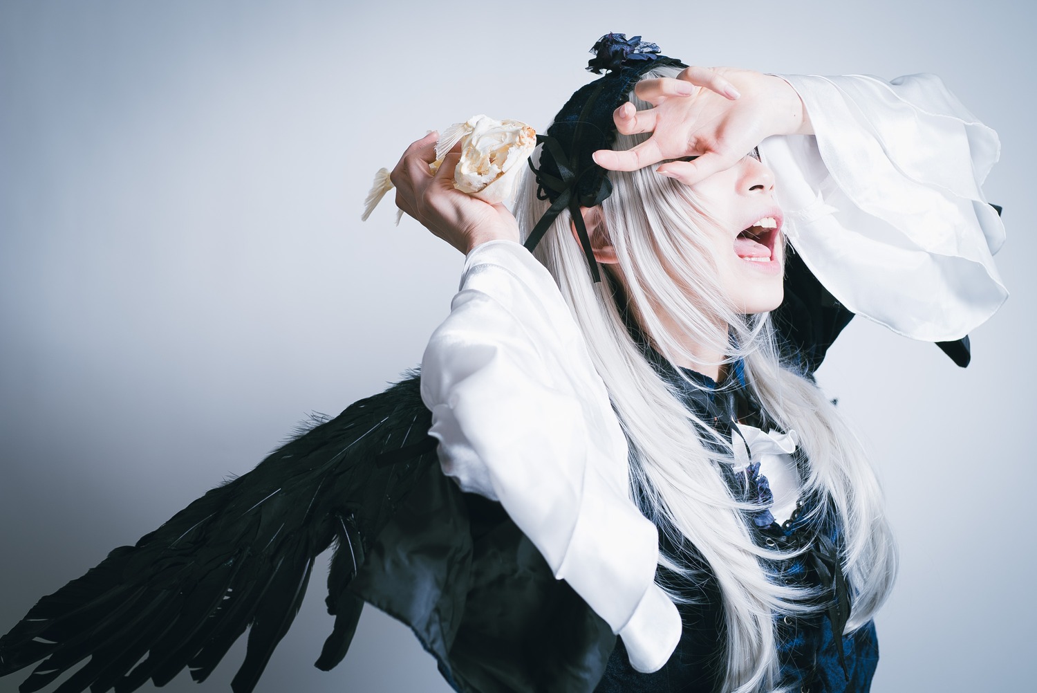 1boy animal_on_shoulder black_wings closed_eyes feathered_wings feathers flower gradient gradient_background holding long_hair open_mouth solo suigintou upper_body white_hair wings