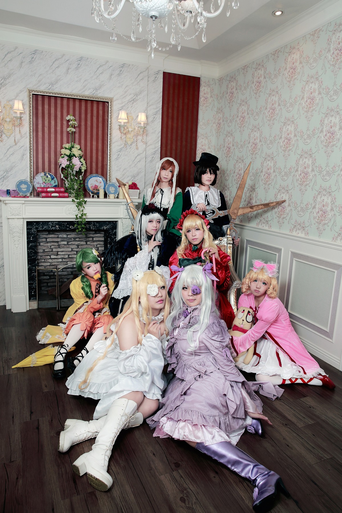 6+girls black_hair blonde_hair boots dress green_hair hat long_hair multiple_boys multiple_cosplay multiple_girls sword tagme weapon white_hair