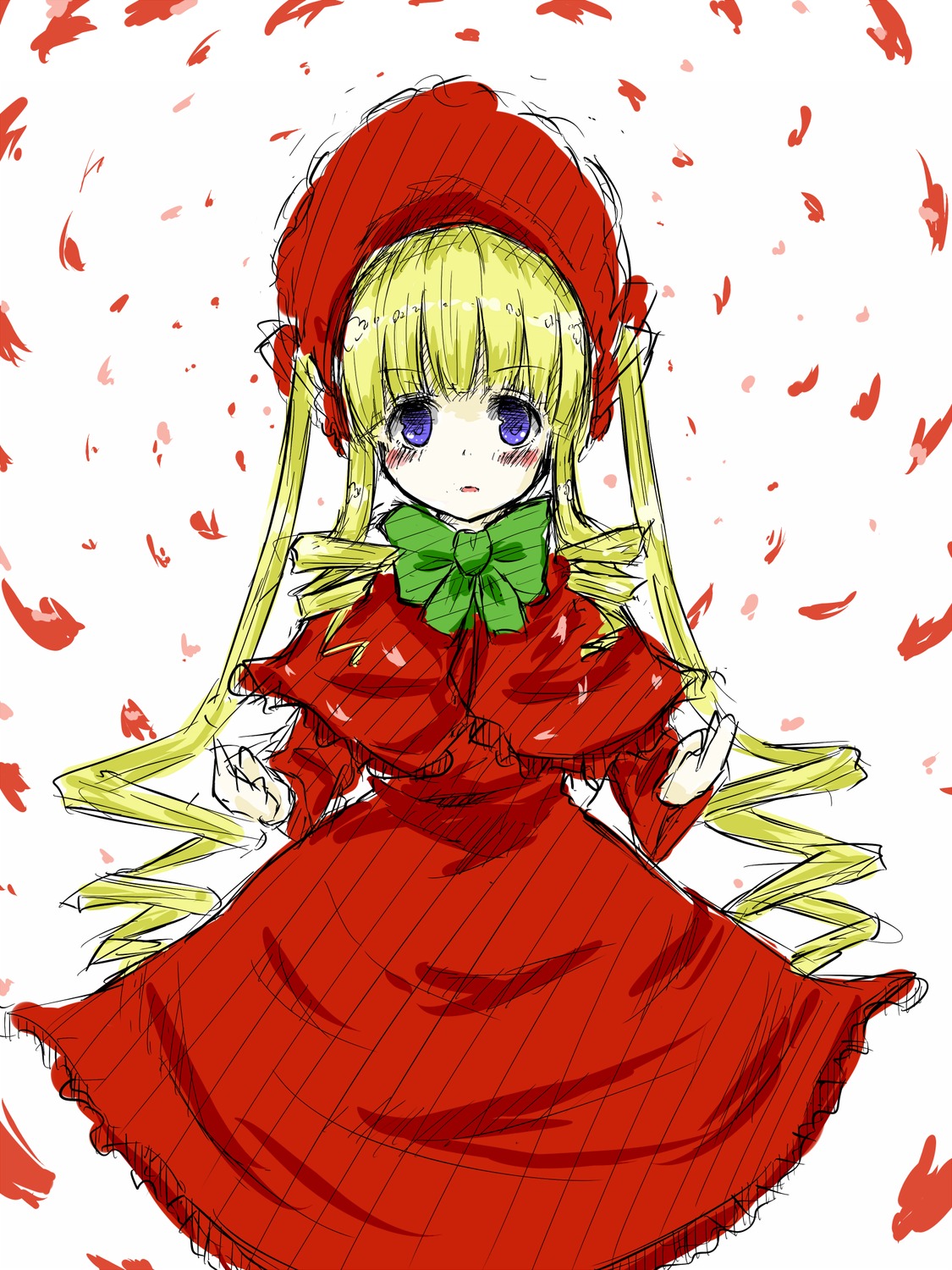 1girl blonde_hair blue_eyes blush bonnet bow bowtie dress drill_hair green_bow green_neckwear image long_hair long_sleeves looking_at_viewer petals red_dress shinku solo twintails