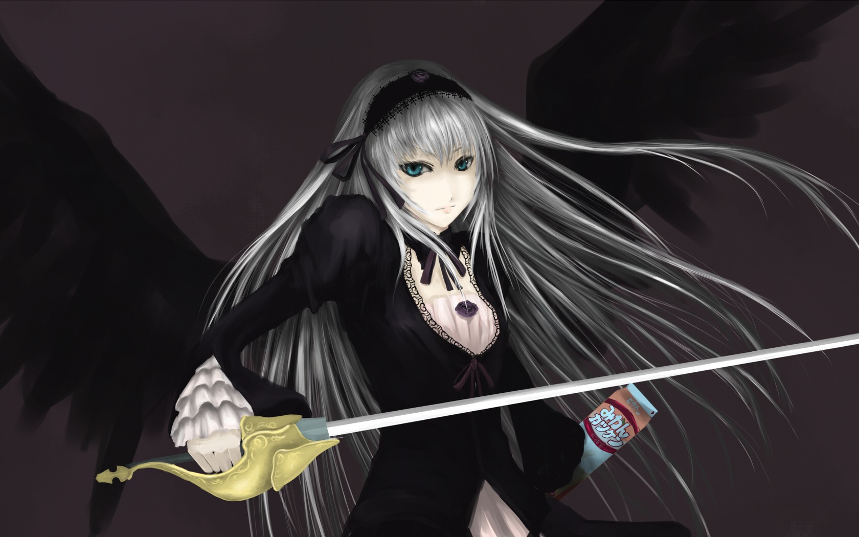 1girl black_dress black_ribbon black_wings breasts detached_collar dress flower frills hairband holding holding_weapon image long_hair long_sleeves looking_at_viewer ribbon rose silver_hair solo suigintou sword very_long_hair weapon wings