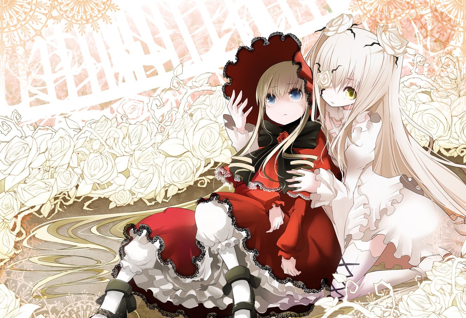 2girls blonde_hair bloomers blue_eyes bow dress eyepatch flower frills hat image kirakishou long_hair long_sleeves mary_janes multiple_girls pair red_dress rose shinku thighhighs underwear white_flower white_legwear white_rose yellow_eyes