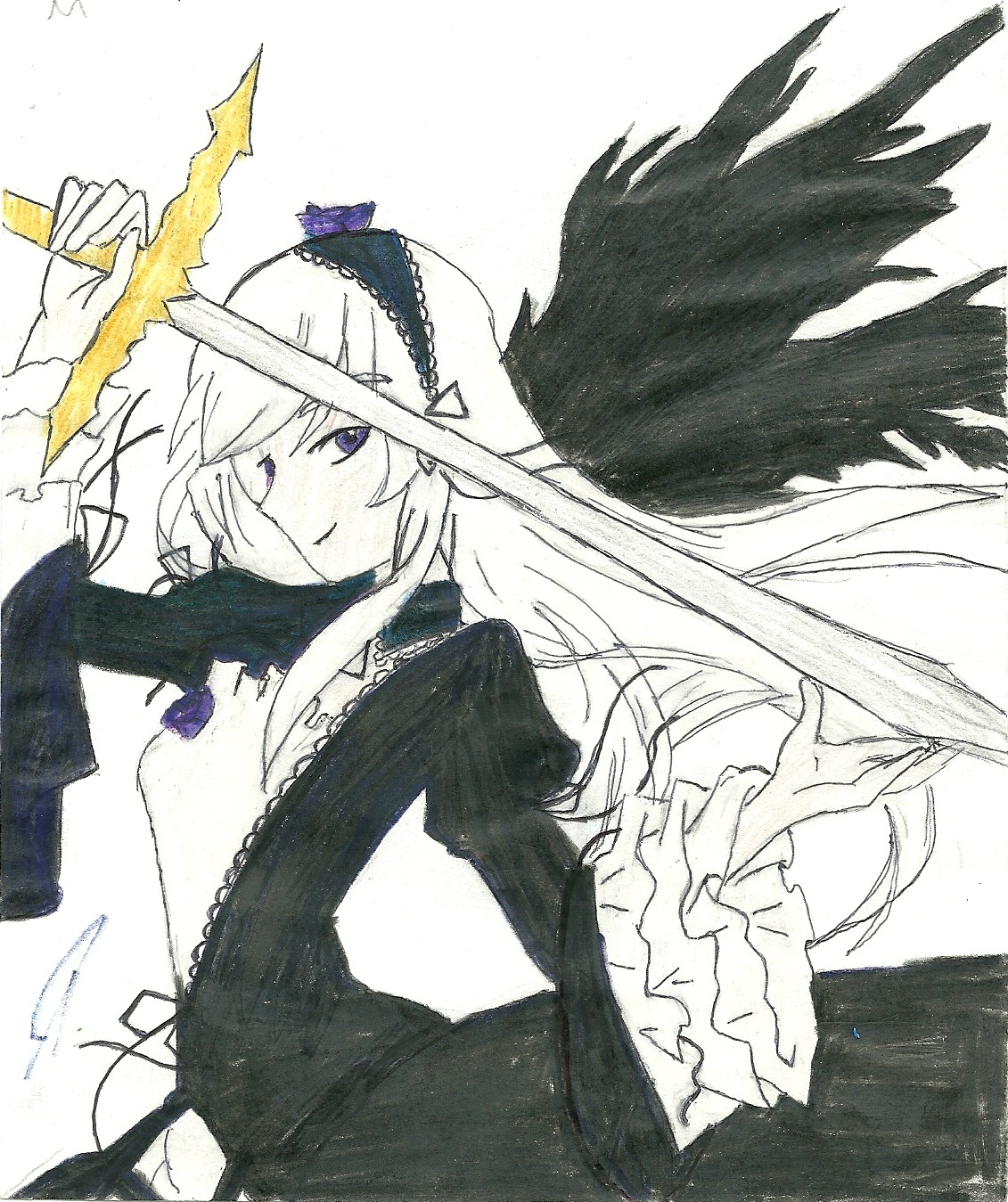 1girl black_wings blue_flower blue_rose dress flower frilled_sleeves frills hairband image long_hair long_sleeves looking_at_viewer rose signature smile solo suigintou traditional_media very_long_hair wide_sleeves wings