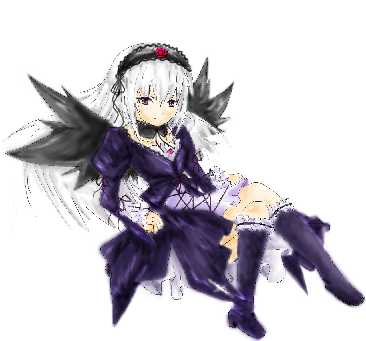 1girl black_dress black_wings boots dress frills full_body hairband image knee_boots long_hair long_sleeves looking_at_viewer pink_eyes silver_hair sitting solo suigintou white_background wings