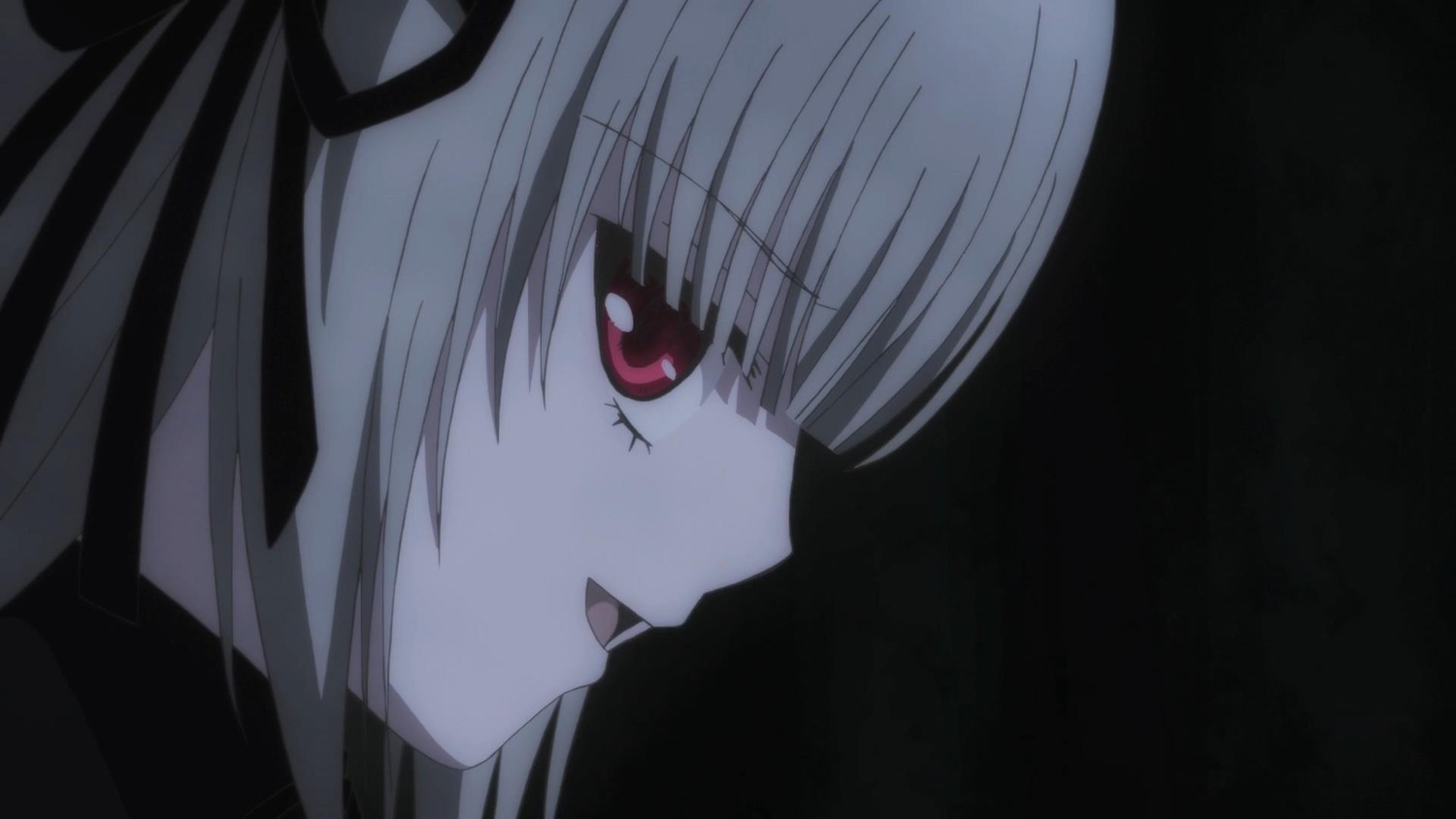 1girl black_ribbon eyebrows_visible_through_hair hair_ribbon image open_mouth profile red_eyes ribbon simple_background solo suigintou