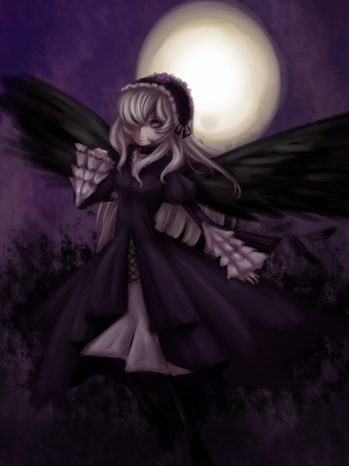 1girl auto_tagged black_wings dress flower frills full_moon hairband image long_hair long_sleeves looking_at_viewer moon night purple_eyes rose silver_hair solo suigintou wings