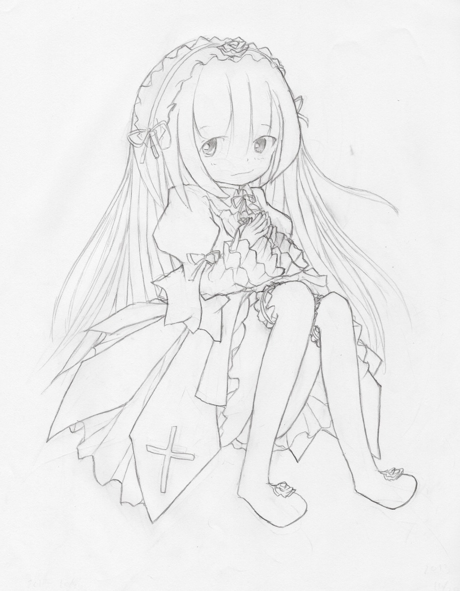 1girl auto_tagged blush closed_mouth dress frills full_body greyscale hairband image lolita_hairband long_hair long_sleeves looking_at_viewer monochrome sitting smile solo suigintou traditional_media very_long_hair white_background