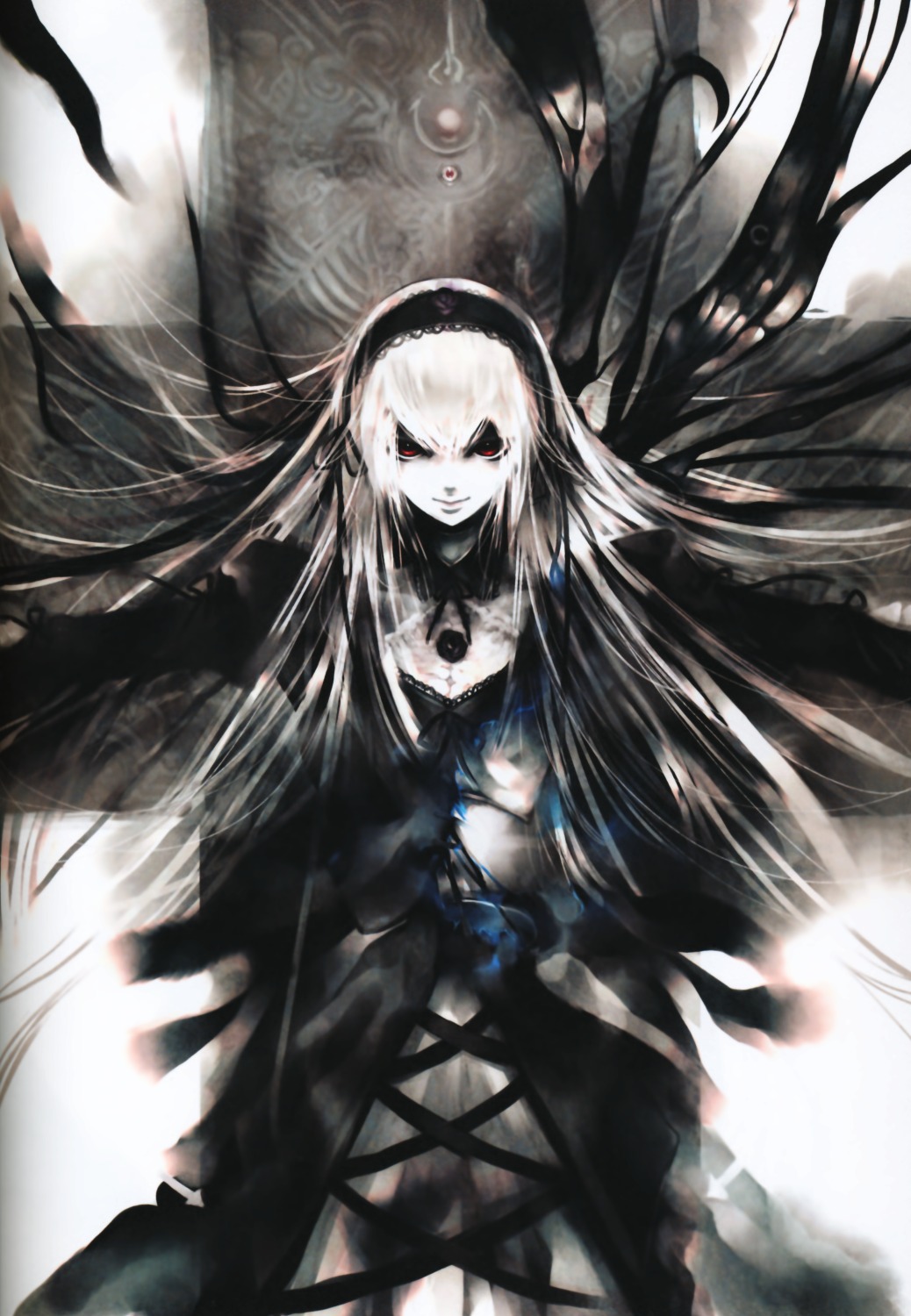 1girl black_dress black_wings doll doll_joints dress fire frills hairband highres image joints kei_(keigarou) long_hair long_sleeves looking_at_viewer outstretched_arms pale_skin red_eyes rose rozen_maiden silver_hair solo suigintou torn_clothes very_long_hair wings