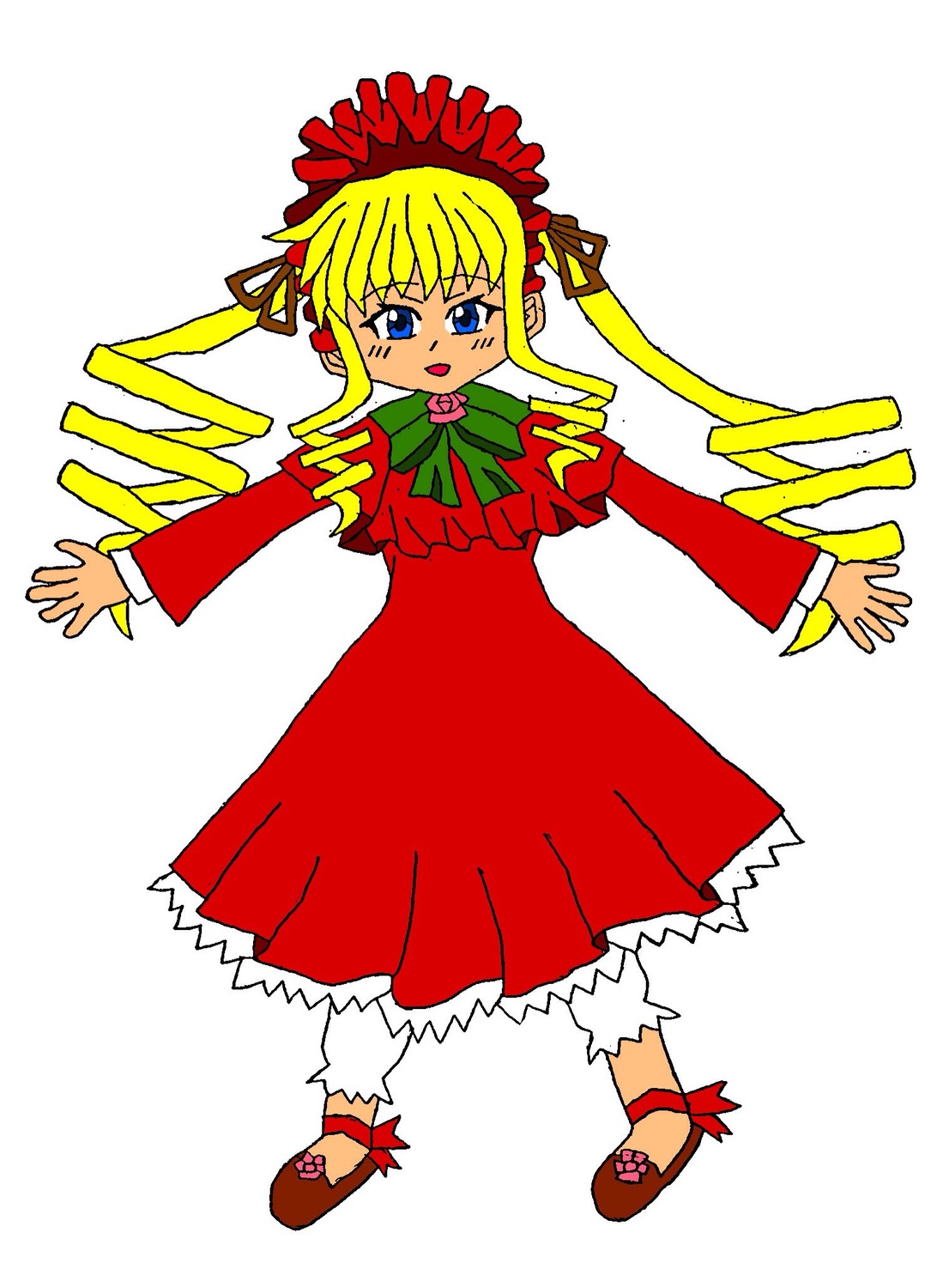 1girl blonde_hair blue_eyes bonnet bow bowtie dress drill_hair full_body green_bow green_neckwear long_hair long_sleeves looking_at_viewer open_mouth outstretched_arms red_dress shinku shoes simple_background solo standing twintails white_background