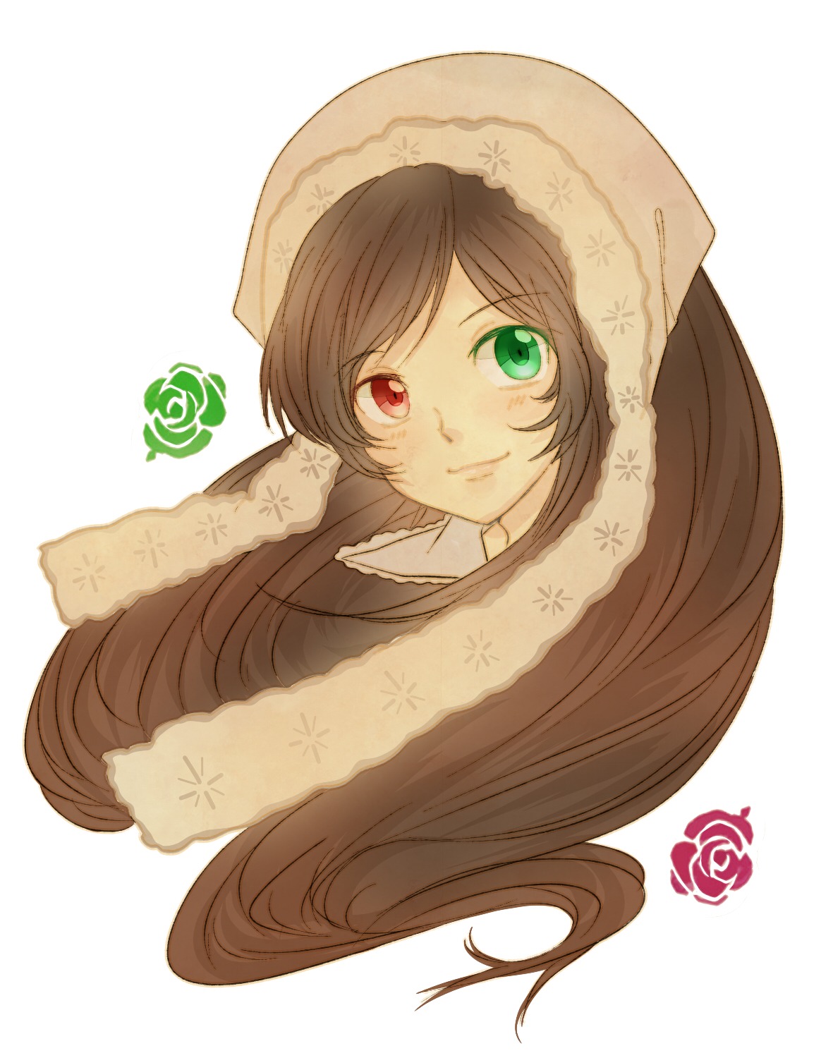 1girl bangs brown_hair closed_mouth flower green_eyes heterochromia image long_hair looking_at_viewer red_eyes rose simple_background smile solo striped striped_background suiseiseki swept_bangs vertical_stripes white_background