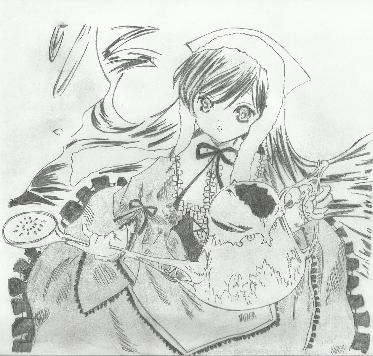 1girl dress frills image long_hair long_sleeves looking_at_viewer monochrome ribbon solo suiseiseki traditional_media