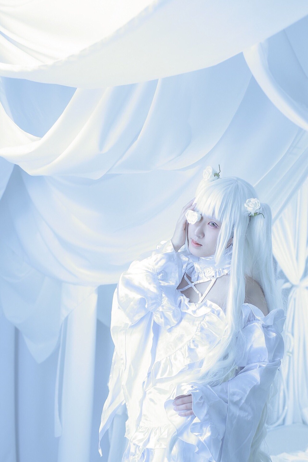 1girl bangs blue_eyes blurry curtains depth_of_field dress flower frills hair_flower hair_ornament kirakishou long_hair sitting solo white_dress white_flower white_hair white_theme