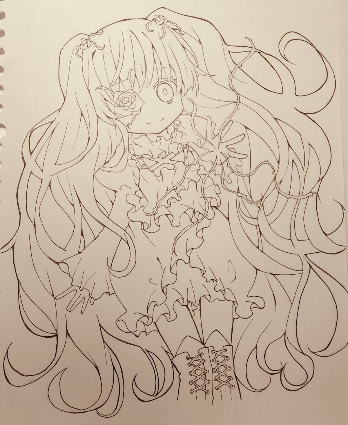 1girl boots dress frills hair_ornament hatsune_miku image kirakishou lineart long_hair looking_at_viewer monochrome smile solo traditional_media very_long_hair