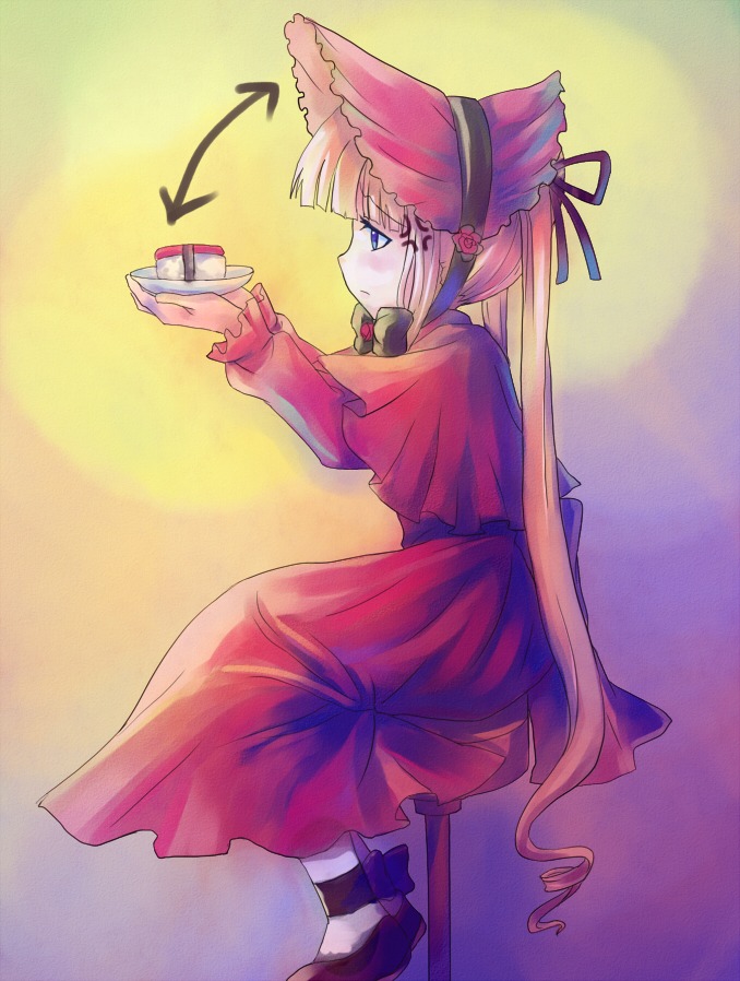 1girl blonde_hair blue_eyes blush bonnet cup dress image long_hair long_sleeves profile red_dress shinku sitting solo teacup