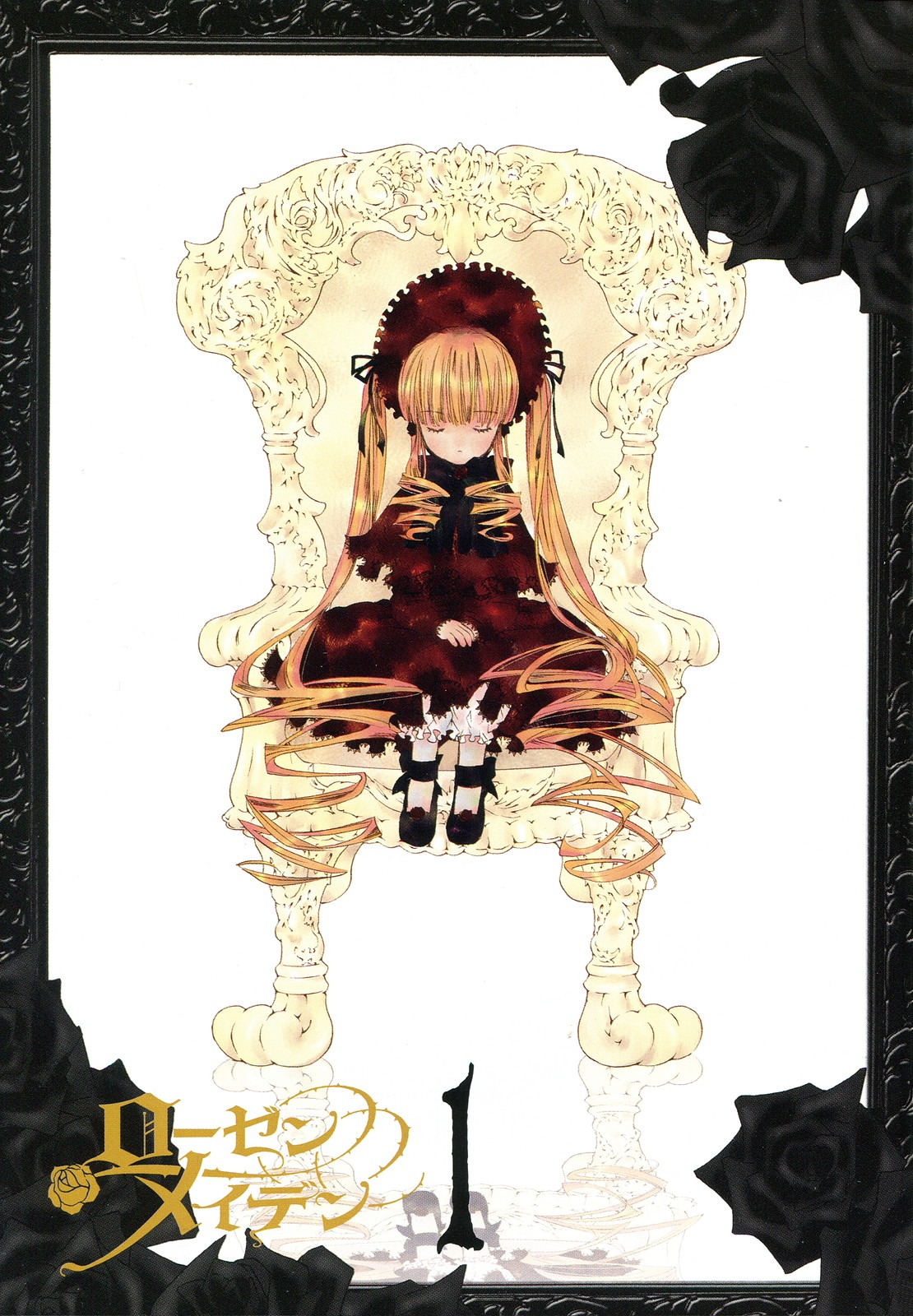 1girl blonde_hair bonnet closed_eyes dress flower image long_hair long_sleeves rose shinku sitting solo