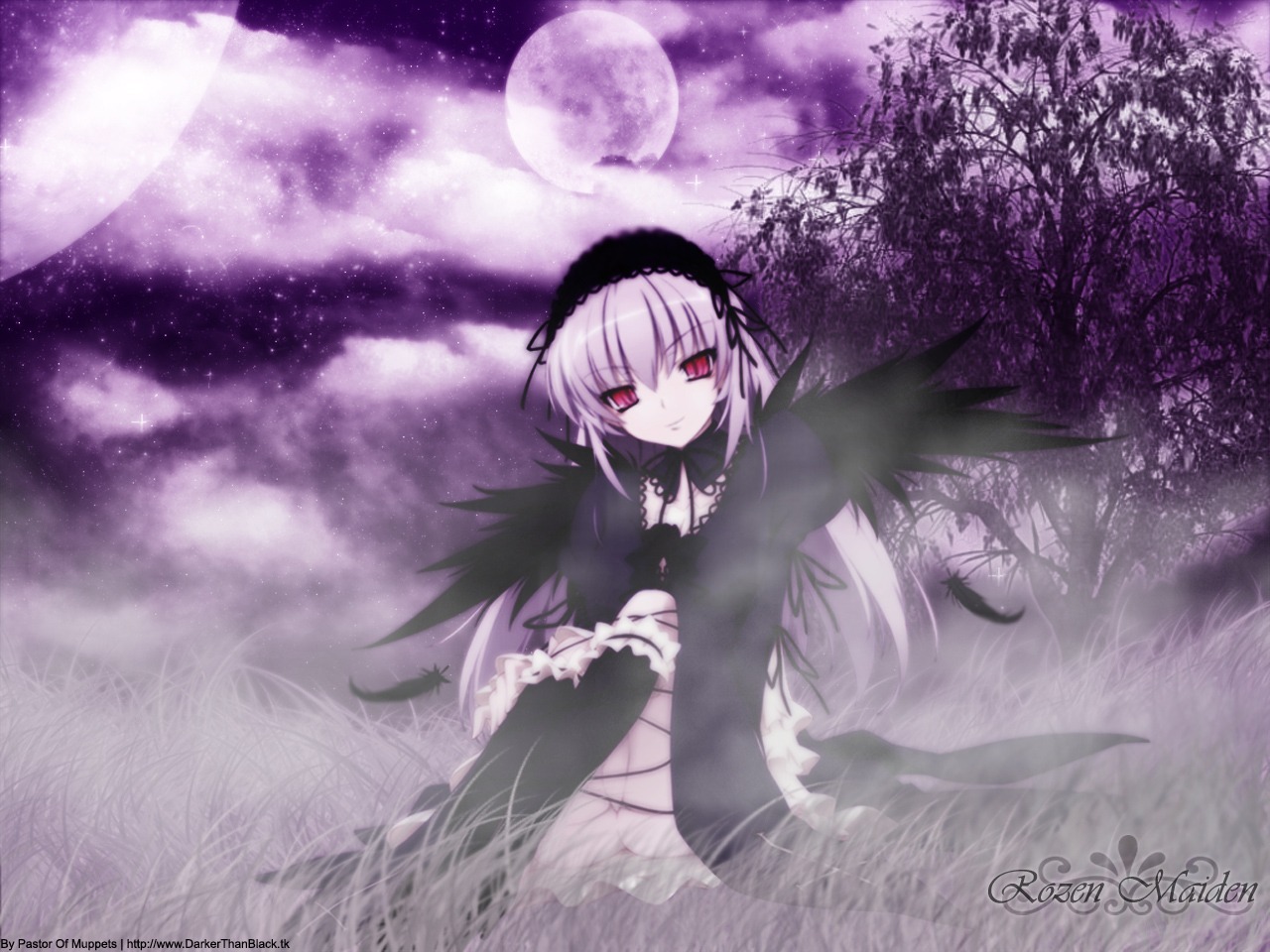 1girl black_dress black_wings dress flower frills full_moon hairband image long_hair long_sleeves looking_at_viewer moon night red_eyes silver_hair sitting sky solo star_(sky) starry_sky suigintou wings